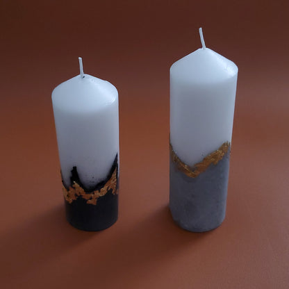 Handcrafted Concrete Pillar Candle Set with Gold Leaf Accent