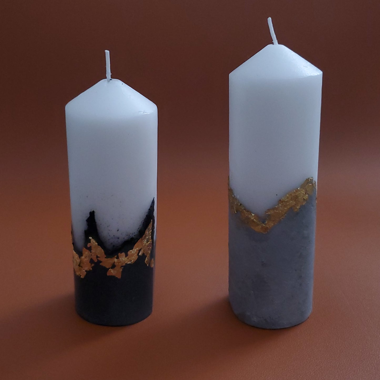 Handcrafted Concrete Pillar Candle Set with Gold Leaf Accent