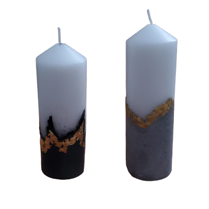 Handcrafted Concrete Pillar Candle Set with Gold Leaf Accent