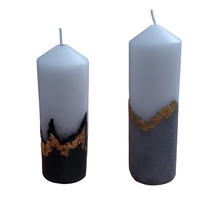 Handcrafted Concrete Pillar Candle Set with Gold Leaf Accent